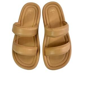 Zara Flat Sandals Womens EU 40 US 10 Quilted Straps Beige Minimalist